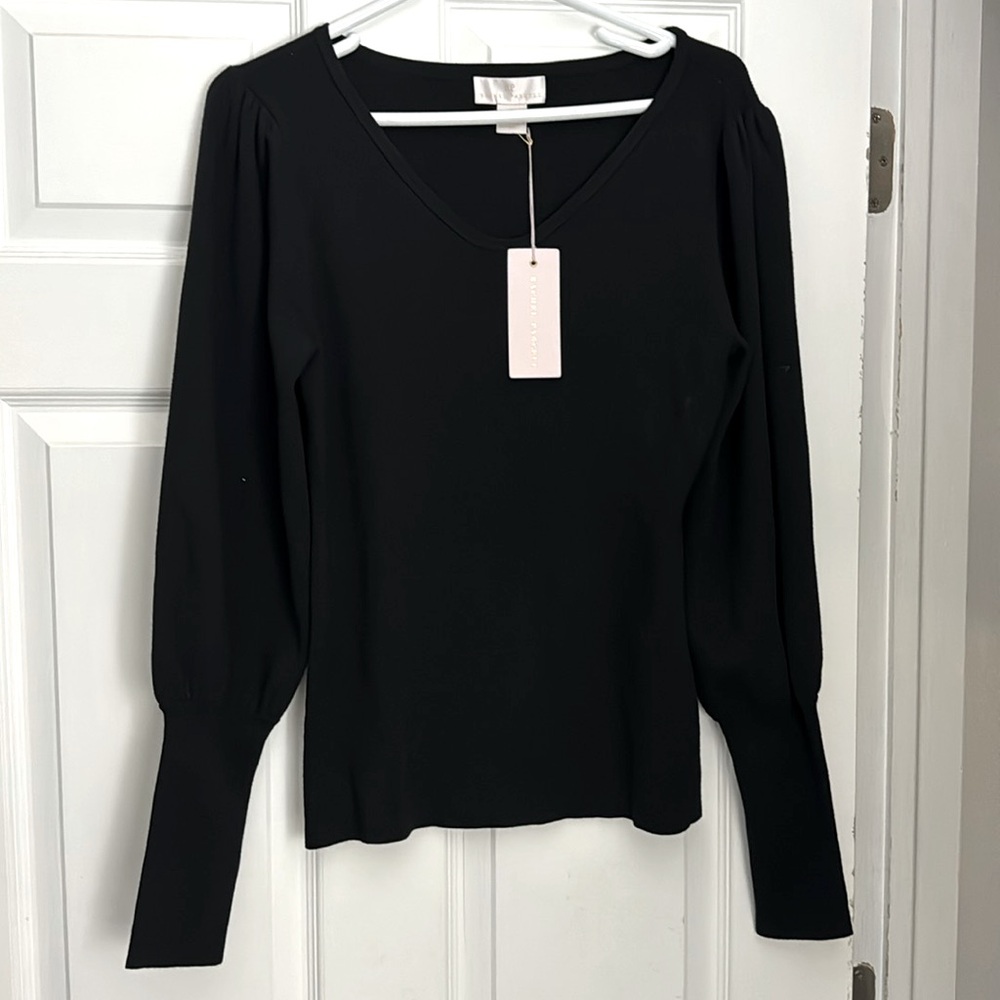 New Rachel Parcell black V neck puff sleeve sweater medium